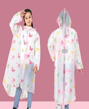 Babyhug Full Sleeves Calf Length Hooded Raincoat Sea Life Print - Multicolor