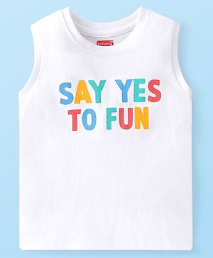 Babyhug 100% Cotton Knit Sleeveless T-Shirt With Text Graphics - White