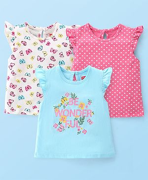 Babyhug Cotton Knit Frill Sleeves Top With Butterfly & Text Print Pack Of 3 - White Pink & Blue