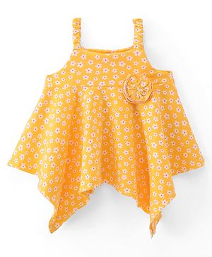 Babyhug Sleeveless Cotton Knit Top with Floral Print & Corsage Detailing  - Yellow