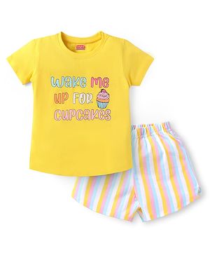 Babyhug Cotton Knit  Half Sleeve Night Suit Text Print - Multicolour