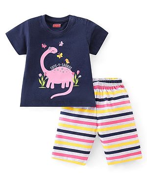 Babyhug Cotton Knit Half Sleeves Capri Night Suit With Dino Print - Navy Blue