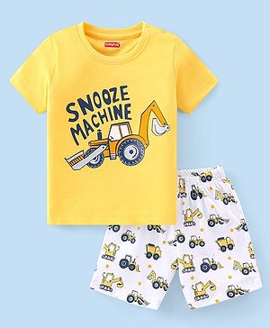 Babyhug Cotton Knit Half Sleeves Night Suit With JCB & Text Print - Yellow & White