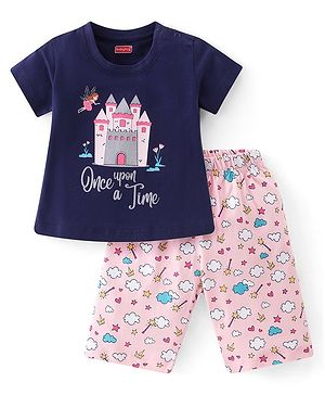 Babyhug Cotton Knit Half Sleeves Capri Night Suit With Castle Print - Navy Blue  & Pink