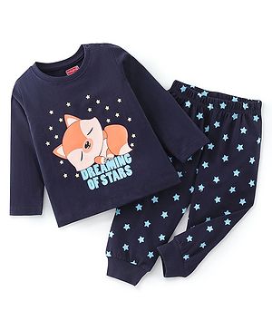 Babyhug Cotton Knit Full Sleeves Night Suit with Glow in The Dark & Fox Print - Navy Blue