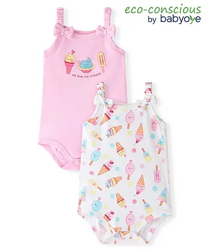 Babyoye Eco Conscious Cotton Knit Sleeveless Onesies Ice Cream Print with Bow Applique  Pack of 2 - Pink & White