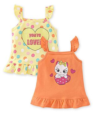 Babyoye Eco Conscious Cotton Frilled Sleeveless Tops with Kitten Print Pack of 2 -  Yellow & Orange