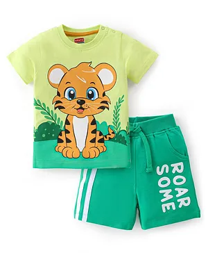 Babyhug Single Jersey Knit Half Sleeves T-Shirt & Shorts Set Tiger Print - Green