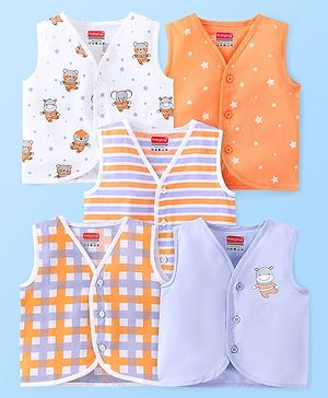 Babyhug 100% Cotton Sleeveless Front Open Jhablas Jungle Animals Printed & Striped Pack of 5 - Orange Blue & White