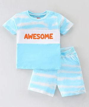 Babyhug 100% Cotton Knit Half Sleeves T-Shirt & Shorts With Text Print - Blue & White