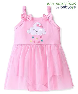 Babyoye Eco Conscious Cotton Sleeveless Frock Style Onesie With Cloud Embroidery & Bow Applique - Pink
