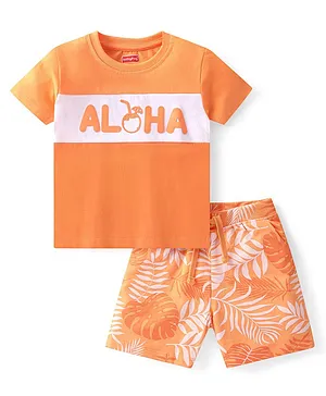 Babyhug Single Jersey Knit Half Sleeves T-Shirt & Shorts Set Text & Leaf Print  White & Orange