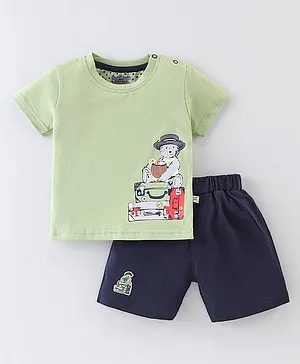 Mini Taurus Cotton Knit Half Sleeves T-Shirt & Shorts Set Bear Print - Green