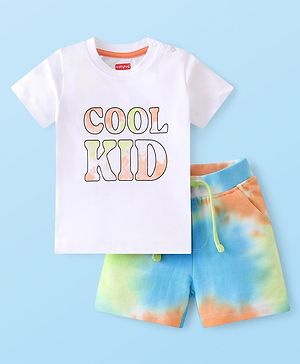 Babyhug 100% Cotton Knit Half Sleeves T-Shirt & Shorts With Text Print - White & Blue