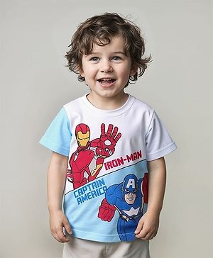 Babyhug Marvel Cotton Knit Half Sleeves T-Shirt with Avengers Print - White & Blue
