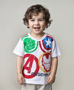 Babyhug Marvel 100% Cotton Knit Half Sleeves T-Shirt With Avengers Graphics -White