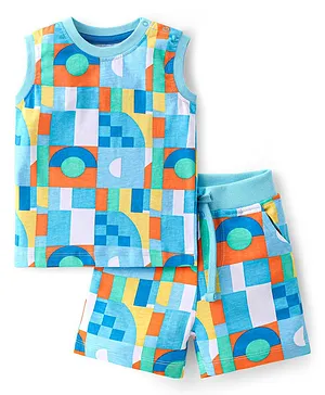 Babyhug Cotton Knit Sleeveless Abstract Printed T-Shirt & Shorts Set - Multicolour