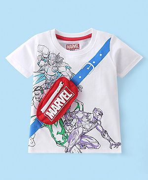 Babyhug Marvel 100% Cotton Knit Half Sleeves T-Shirt with Avengers Graphics & Fanny Bag Applique - White