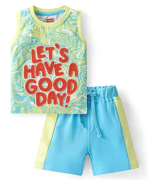 Babyhug Single Jersey Knit Sleeveless T-Shirt & Shorts Set Marble & Text Print  Green & Blue