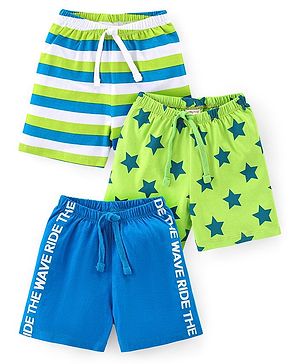 Babyhug Cotton Knit Striped & Starts Printed Shorts Pack of 3 - Green & Blue