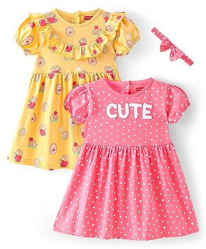 Babyhug Cotton Jersey Knit Half Sleeves Frock with Headband Heart and Porcupine Print  Pack of 2 - Pink & Yellow