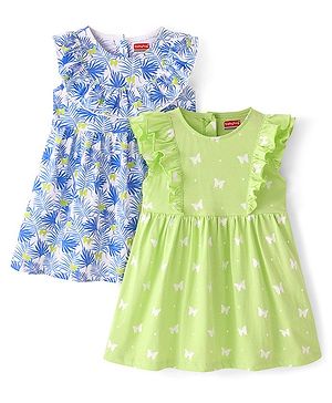 Babyhug 100% Cotton Jersey Knit Sleeveless Frock Butterfly Print Pack Of 2 - Blue & Green