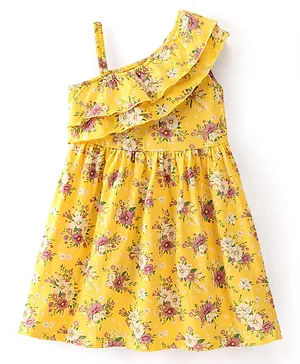 Babyhug 100% Cotton Jersey One Shoulder Frock With Floral Print - Yellow