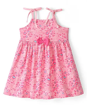 Babyhug 100% Cotton Jersey Sleeveless Floral Print Frock With Bow Applique- Pink