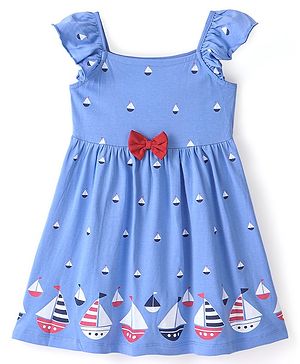 Babyhug 100% Cotton Jersey Frill Sleeves Frock Ship Print With Bow Applique- Lilac