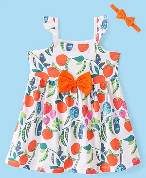 Babyhug Cotton Jersey Knit Sleeveless Shoulder Strap Fruity Print Frock With Head Band - White