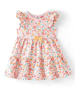 Babyhug 100% Cotton Jersey Frill Sleeves Frock with Floral Print With Bow Applique- Peach