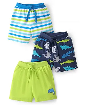 Babyhug Cotton Knit Striped & Shark Printed Shorts Pack of 3 - Green & Blue