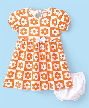Babyhug 100% Cotton Jersey Knit Half Sleeves Frock With Bloomer Floral Print - White