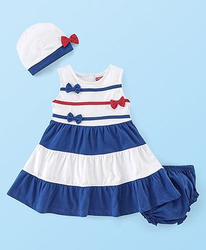 Babyhug 100% Cotton Jersey Knit Sleeveless Frock with Bloomer & Cap  -White & Blue