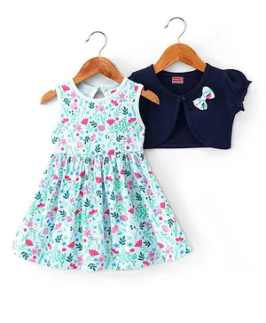 Babyhug 100% Cotton Knit Floral Printed Frock with Half Sleeves Shrug - Blue
