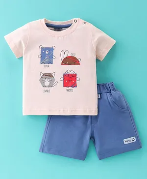 Mini Taurus Cotton Knit Half Sleeves T-Shirt & Shorts Set Kitten Print - Blue