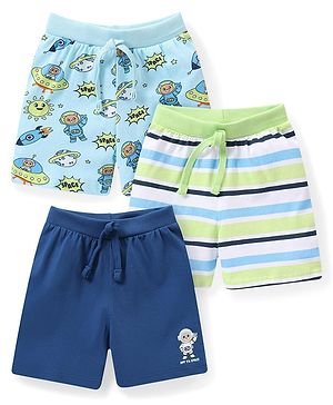 Babyhug Cotton Knit Space Shuttle Printed Shorts Pack of 3 - Multicolour