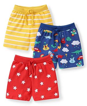 Babyhug Cotton Knit Dino & Stars Printed Shorts Pack of 3 - Multicolour