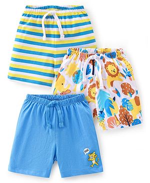 Babyhug Cotton Knit Shorts Striped & Animal Print Pack of 3 - Multicolour