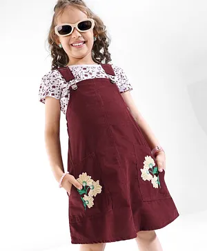 Ollington St. 100% Cotton Half Sleeves Floral Print Top & Corduroy Pinafore with Embroidery - White & Burgundy