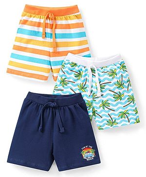 Babyhug Cotton Single Jersey Knit Shorts Striped & Palm Tree Print Pack of 3 - Multicolor