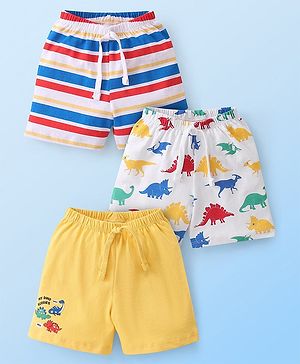 Babyhug Cotton Knit Striped & Dino Printed Shorts Pack of 3 - Multicolour