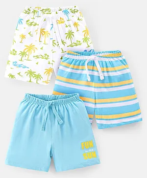 Babyhug Cotton Single Jersey Shorts With Tropical & Text Print Pack Of 3 - White & Blue