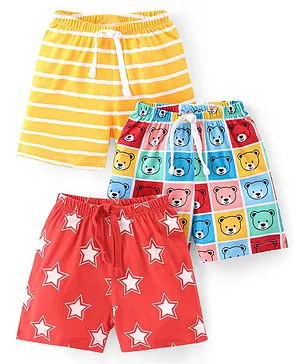 Babyhug Cotton Knit Single Jersey Shorts With Stars & Teddy Bear Print Pack Of 3 - Yellow Blue & Red