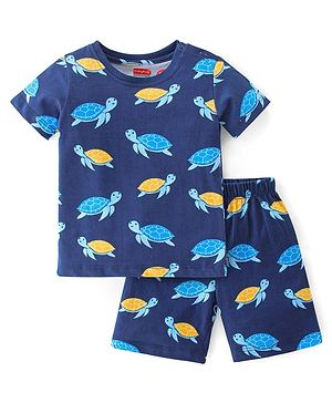 Babyhug Cotton Knit Half Sleeves Night Suit Turtle Print- Navy Blue