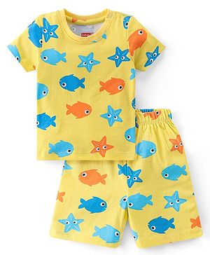 Babyhug Cotton Single Jersey Knit Half Sleeves Night Suit Marine Life Print - Yellow