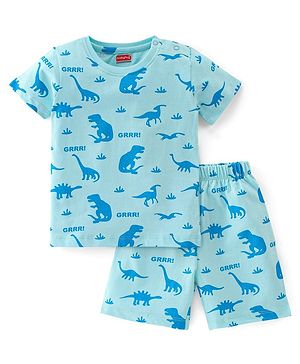 Babyhug Cotton Knit Half Sleeves Night Suit Dino & Text Print- Blue