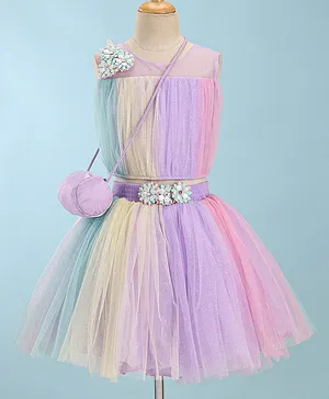 Enfance Sleeveless Floral Applique Shimmer Detailed  Top With Coordinating  Skirt With Sling Bag - Lavender