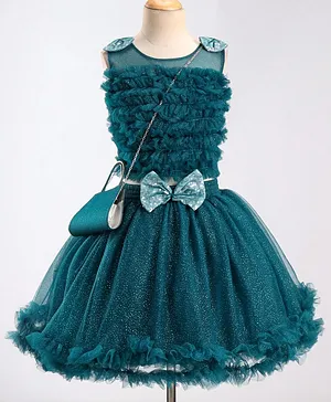 Enfance Sleeveless Ruffle Detailed Top With Sequin Bow & Shimmer Detailed Coordinating Skirt & Sling Bag - Peacock Blue