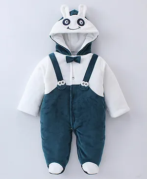 Mom's pet Full Sleeves Animal Face Embroidered & Mock Suspender Style Blended Footed Hooded Romper - Green